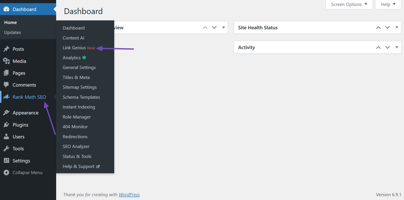 Head to Link Genius in Rank Math SEO