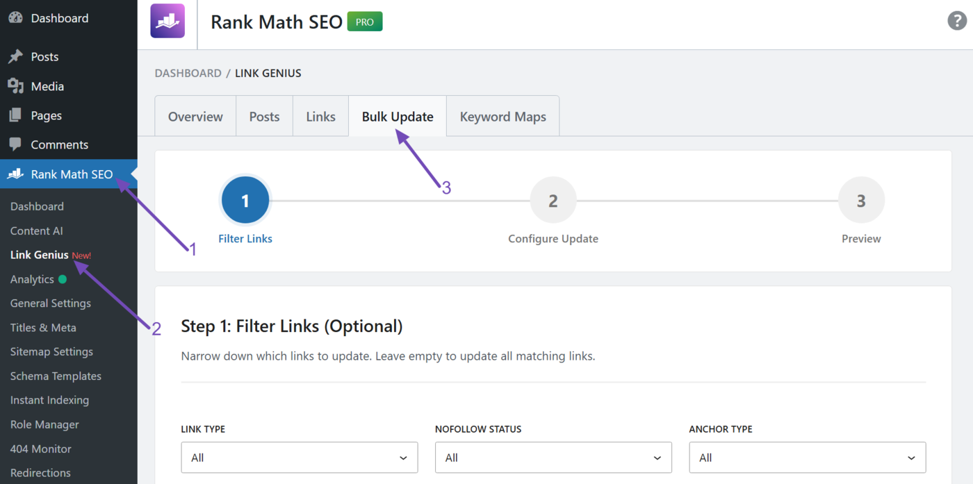 Head to the bulk update tool in AI Link Genius
