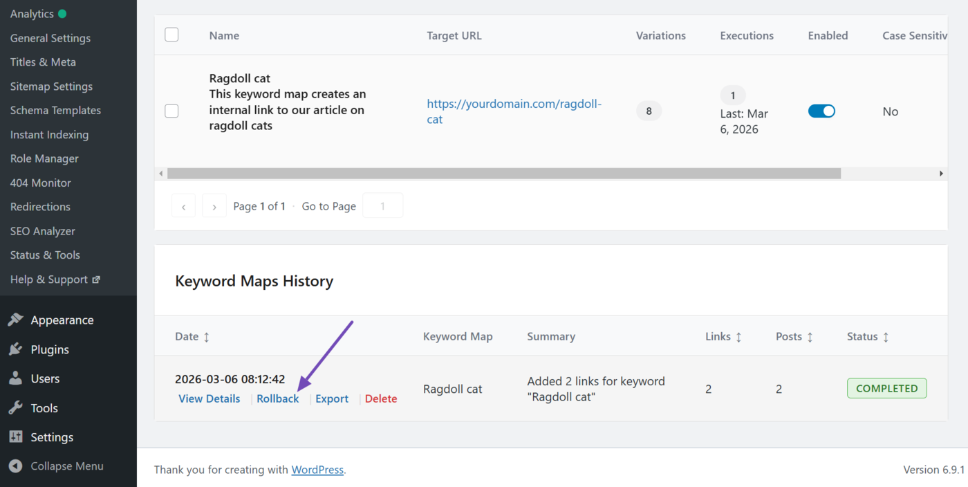 Hover over the keyword map and click Rollback