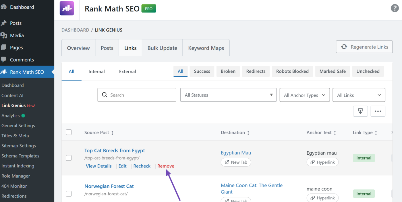Hover over the link and click Remove
