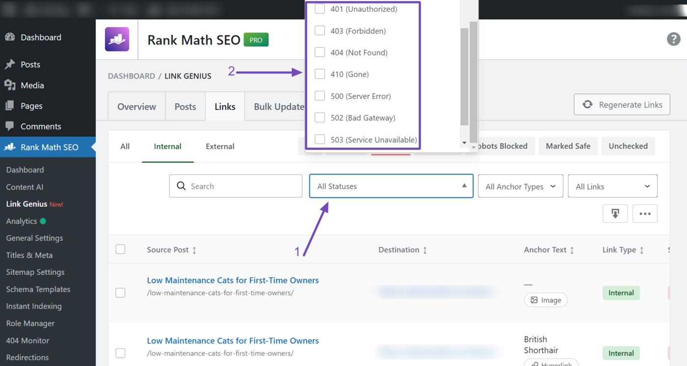 How to filter broken links by their status codes
