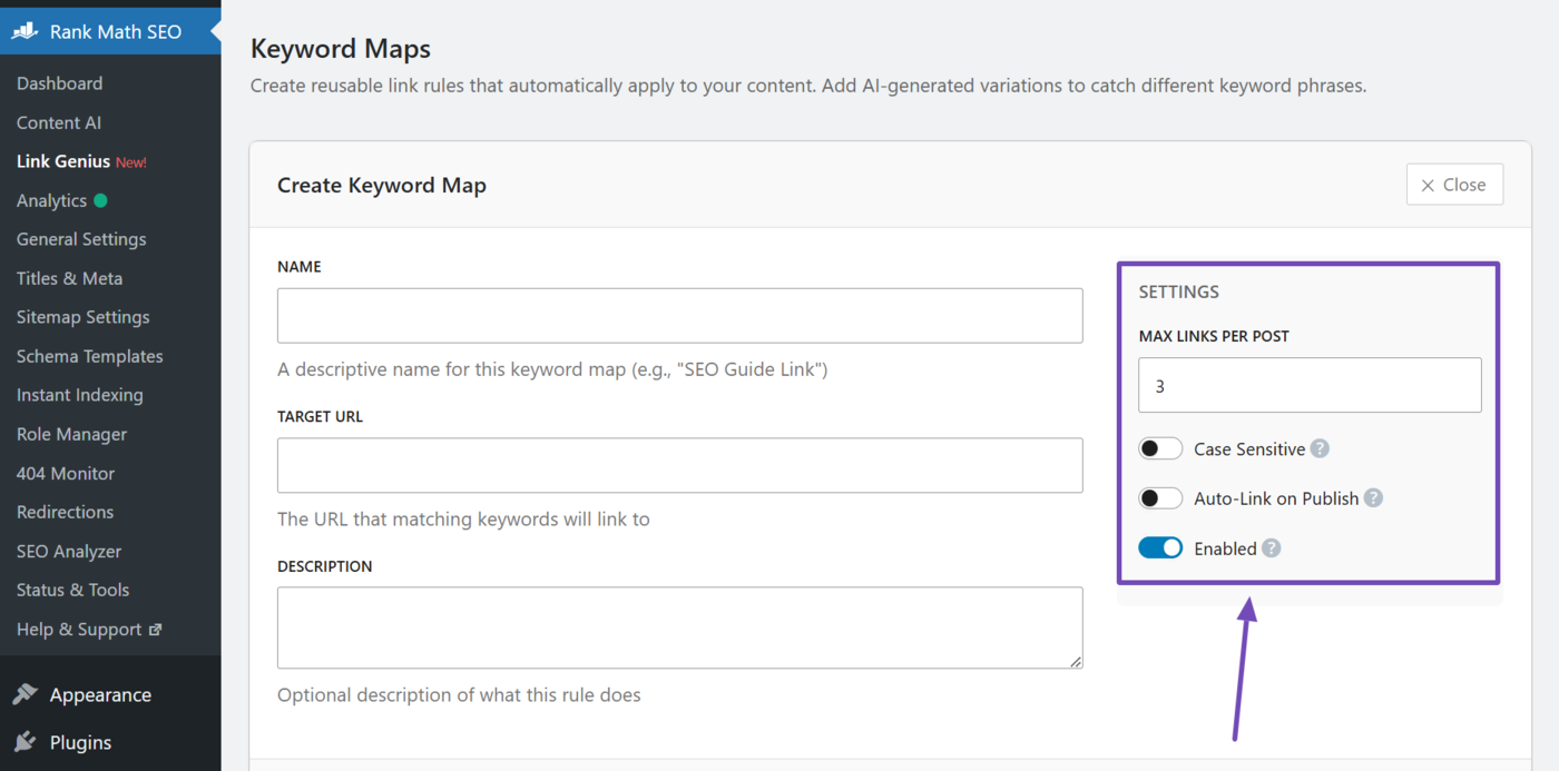 Keyword map settings