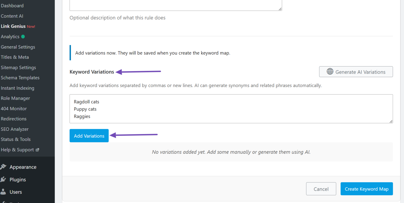 Keyword variations in keyword maps