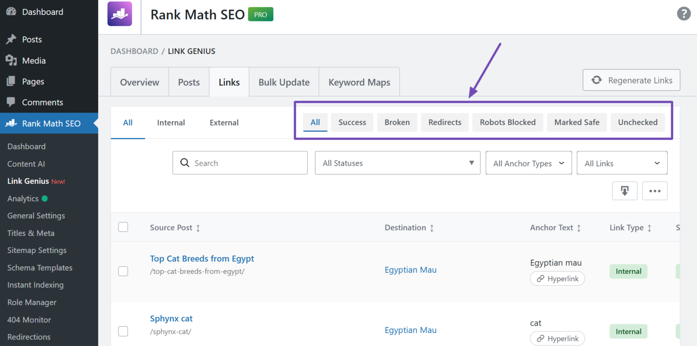 Link status filter in the links tab