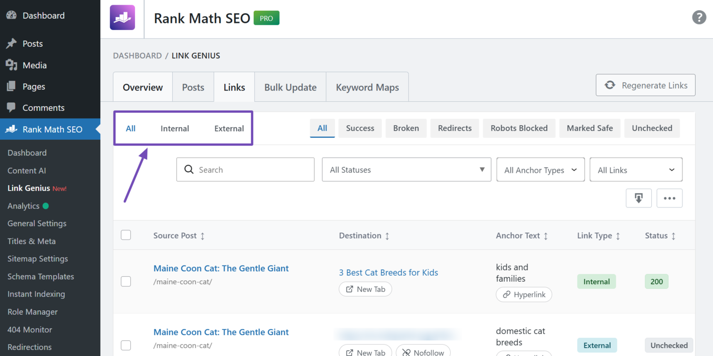 Link type filter in the links tab
