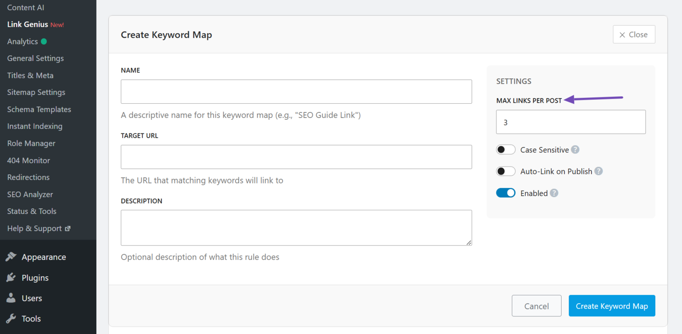Max links per post settings in Keyword Maps