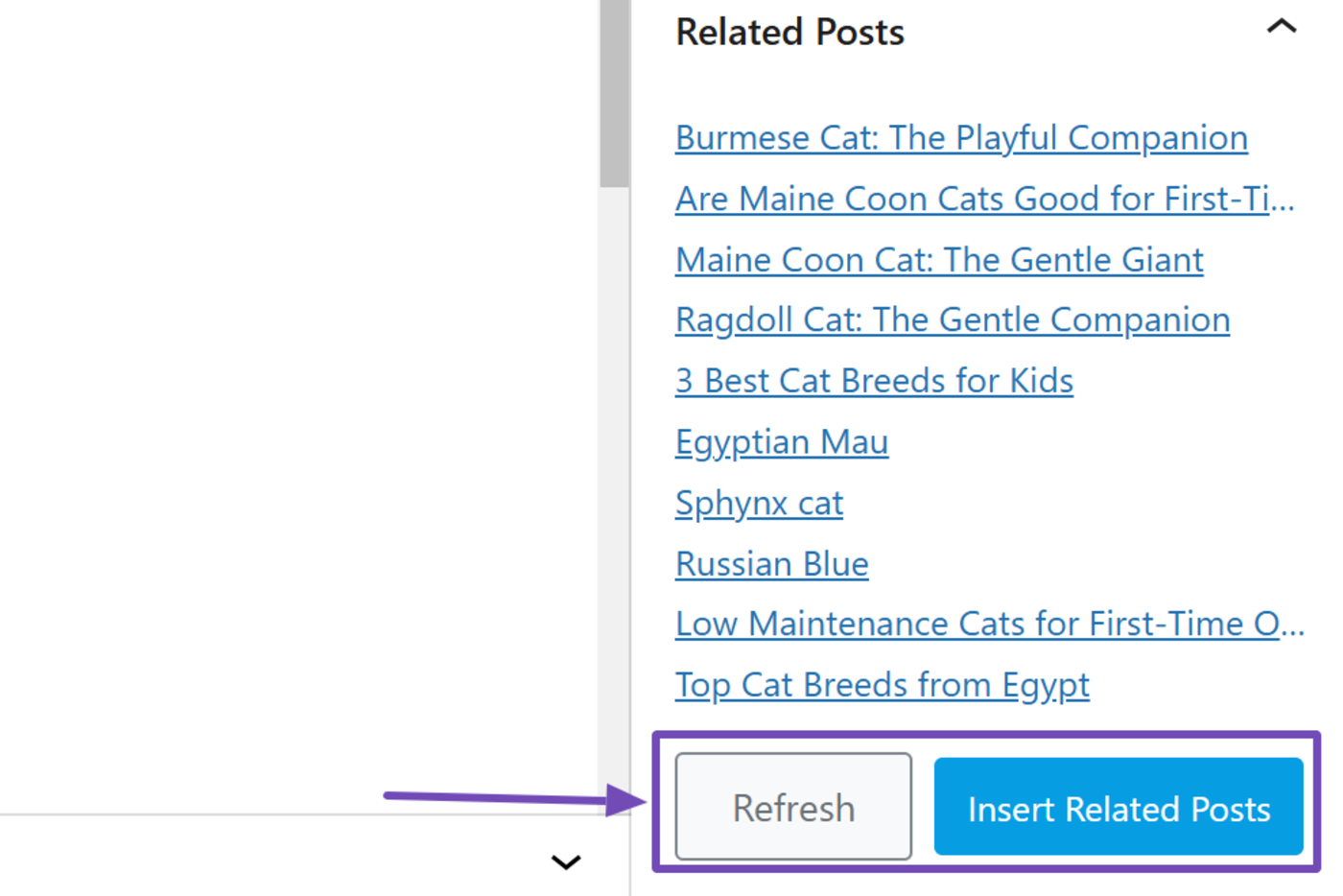 Options available in the related posts panel