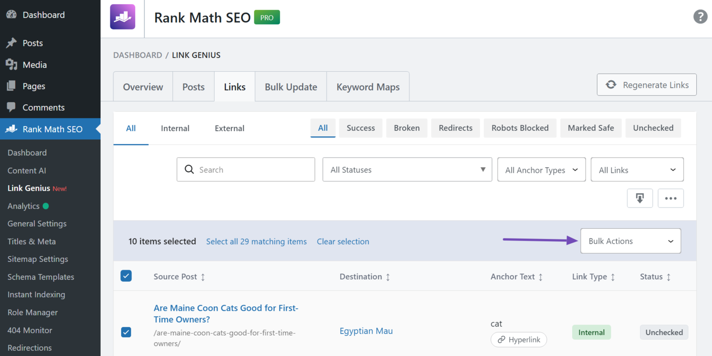 Overview of the AI Link Genius bulk actions option in Rank Math