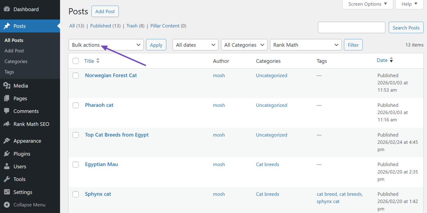 Overview of the bulk actions option in WordPress