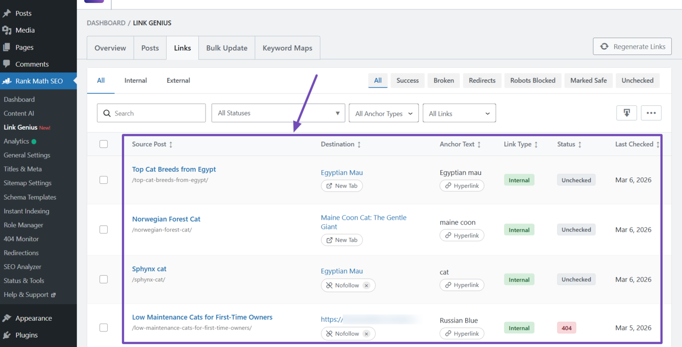 Overview of the columns in the Links tab