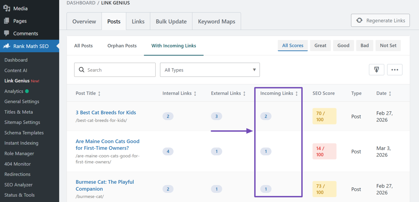 Overview of the incoming links on a site
