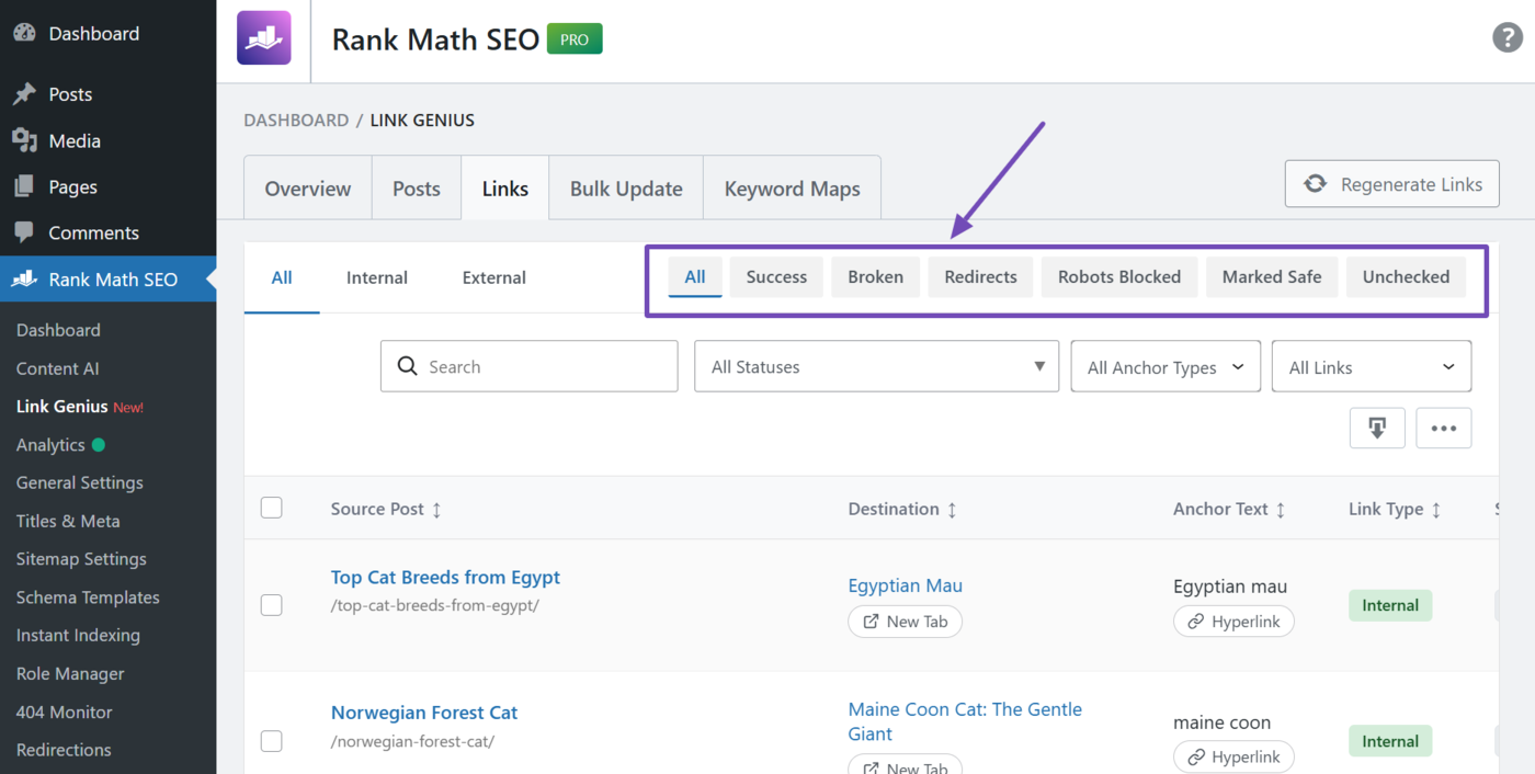 Overview of the link status filter