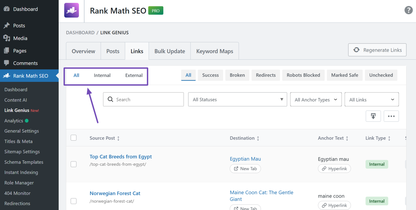 Overview of the link type filter