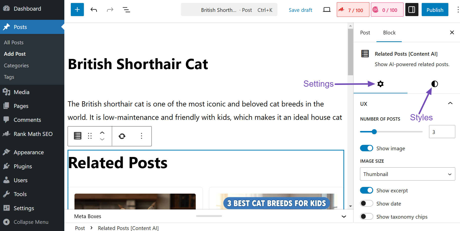 Overview of the options in the Related posts block