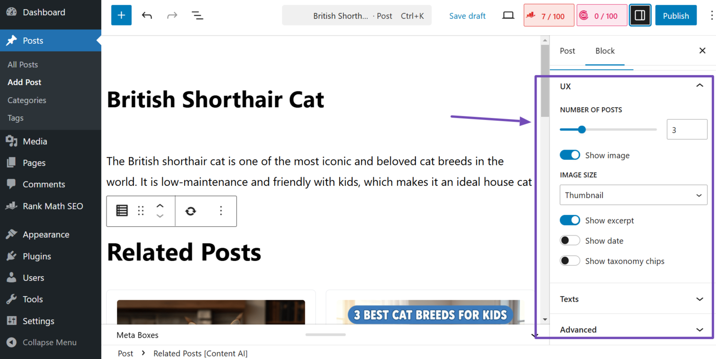 Overview of the related posts block settings