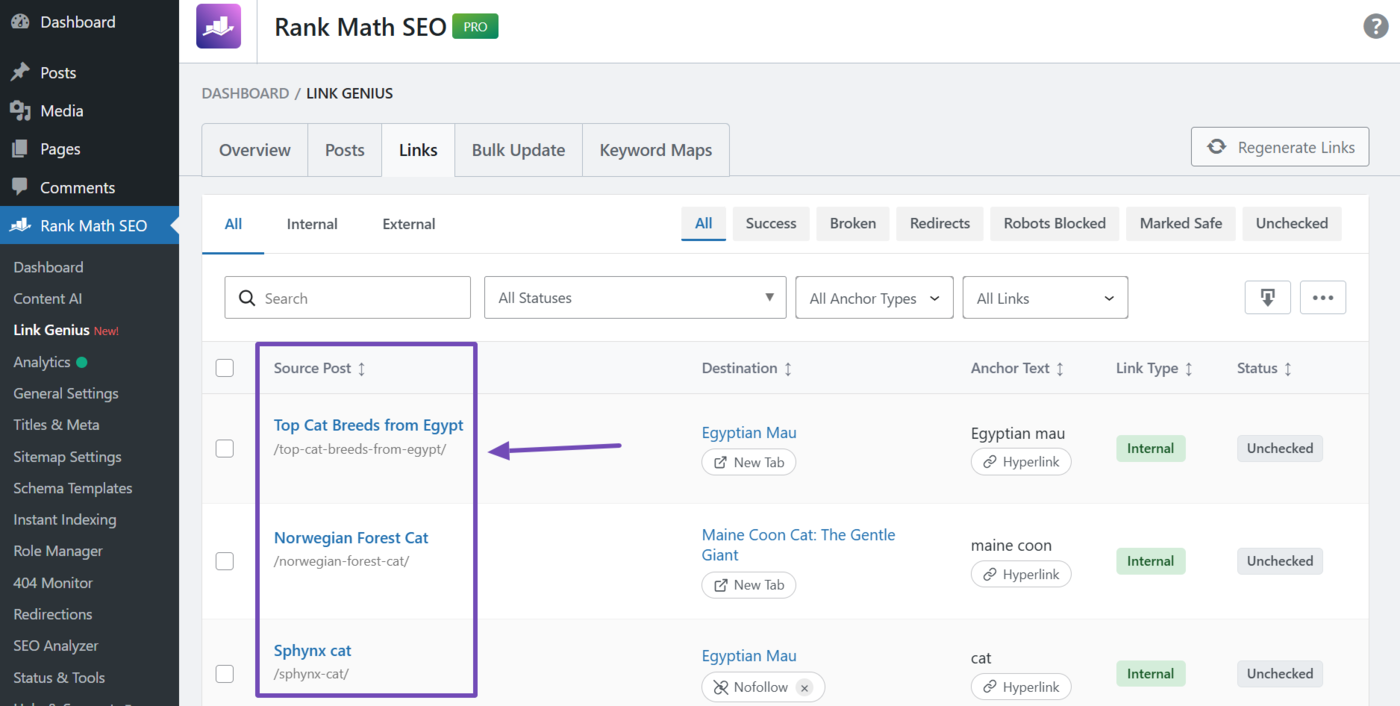 Overview of the source post column