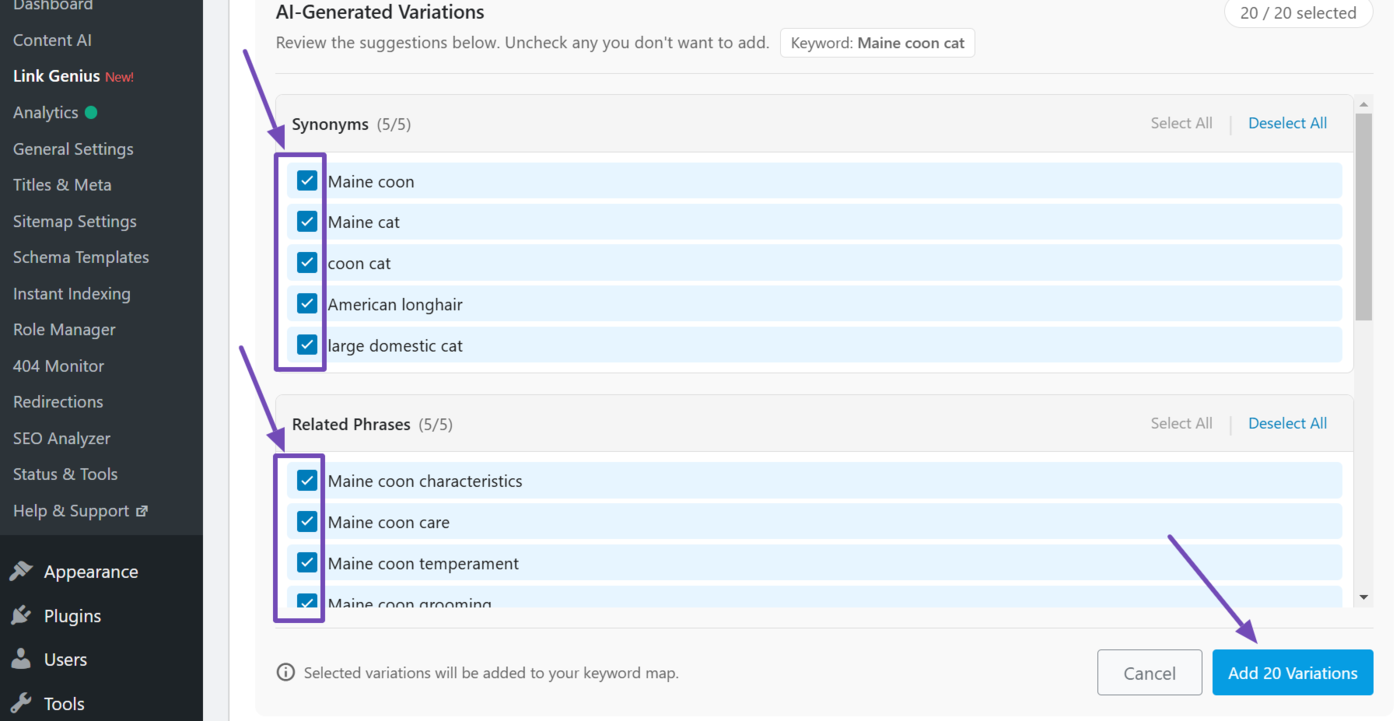 Review the AI-generated keywords and click Add variations
