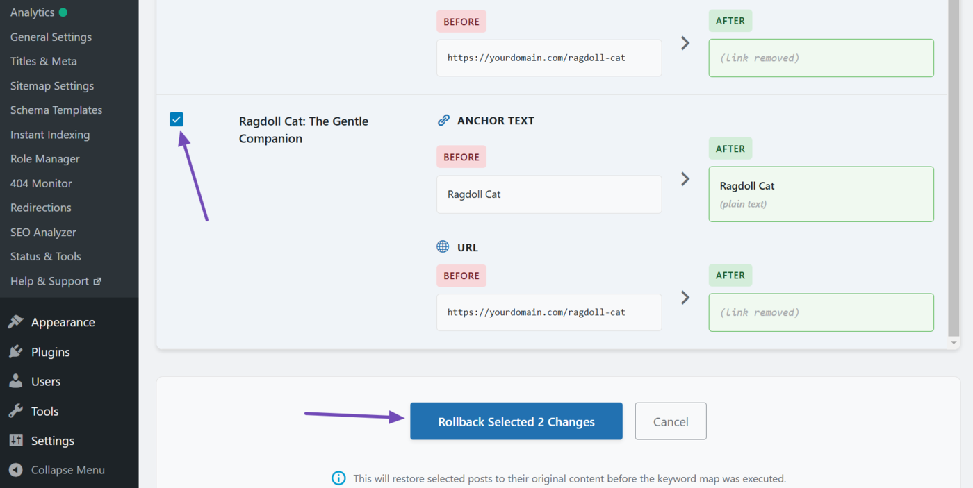 Review your internal links and click Rollback selected changes