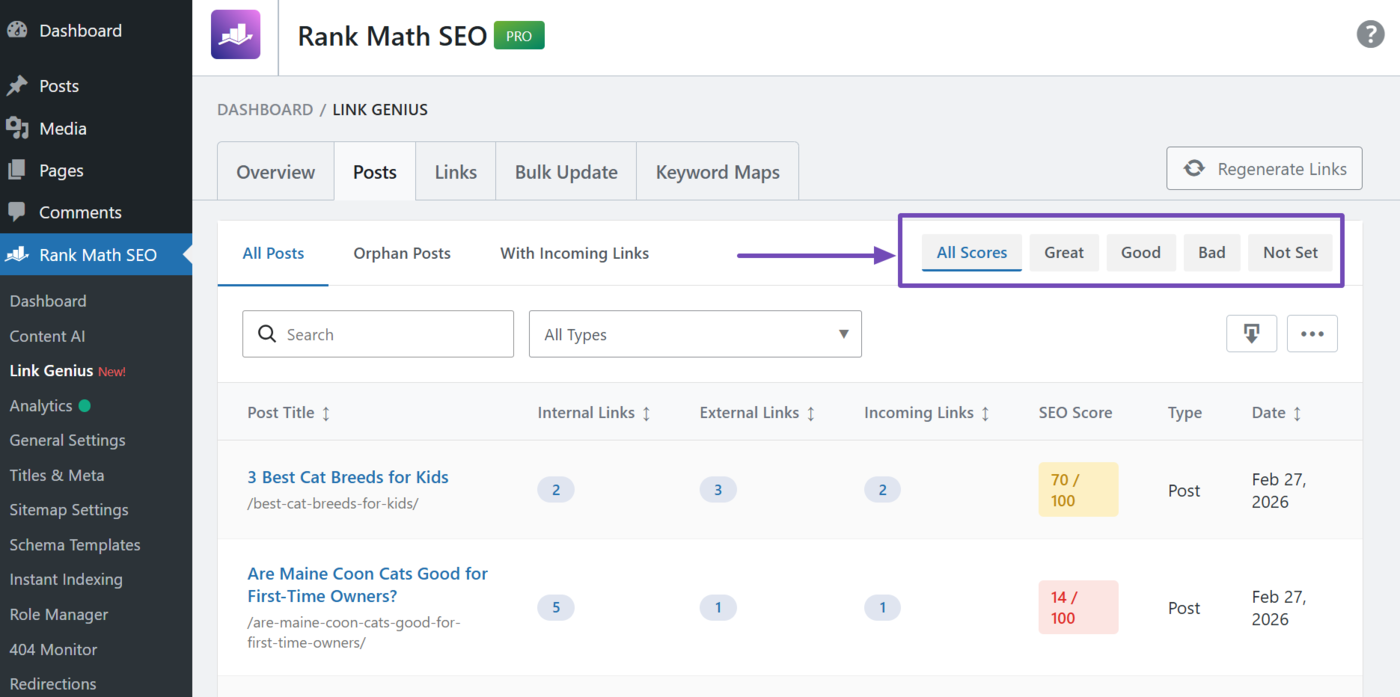 SEO score filter in the posts tab