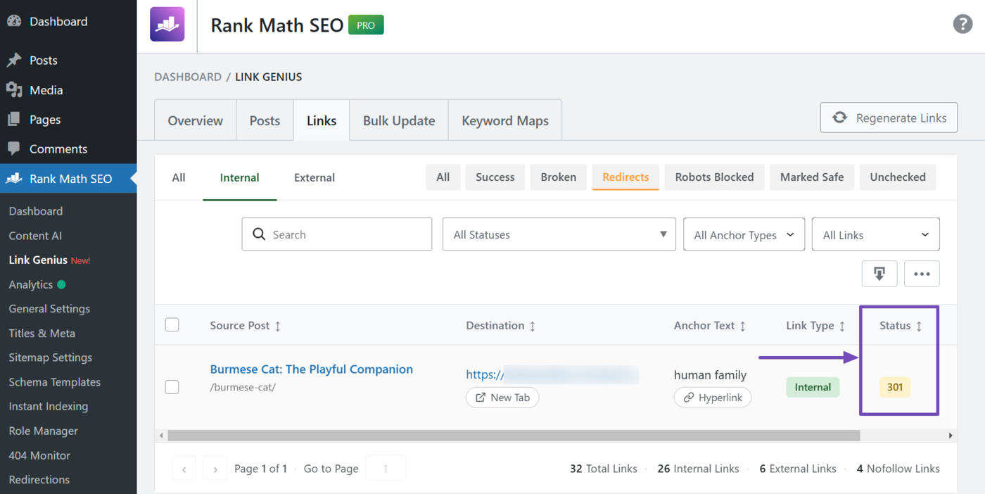 Sample of the internal links on containing redirects