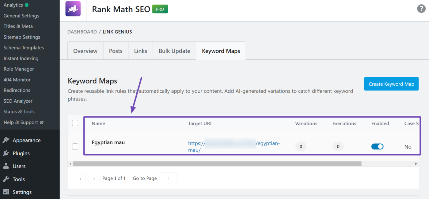 Sample of the success message displayed after creating your keyword map