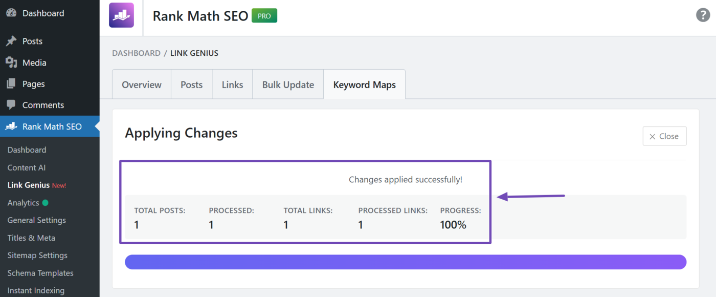 Sample of the success message which indicates you have fixed your orphan page