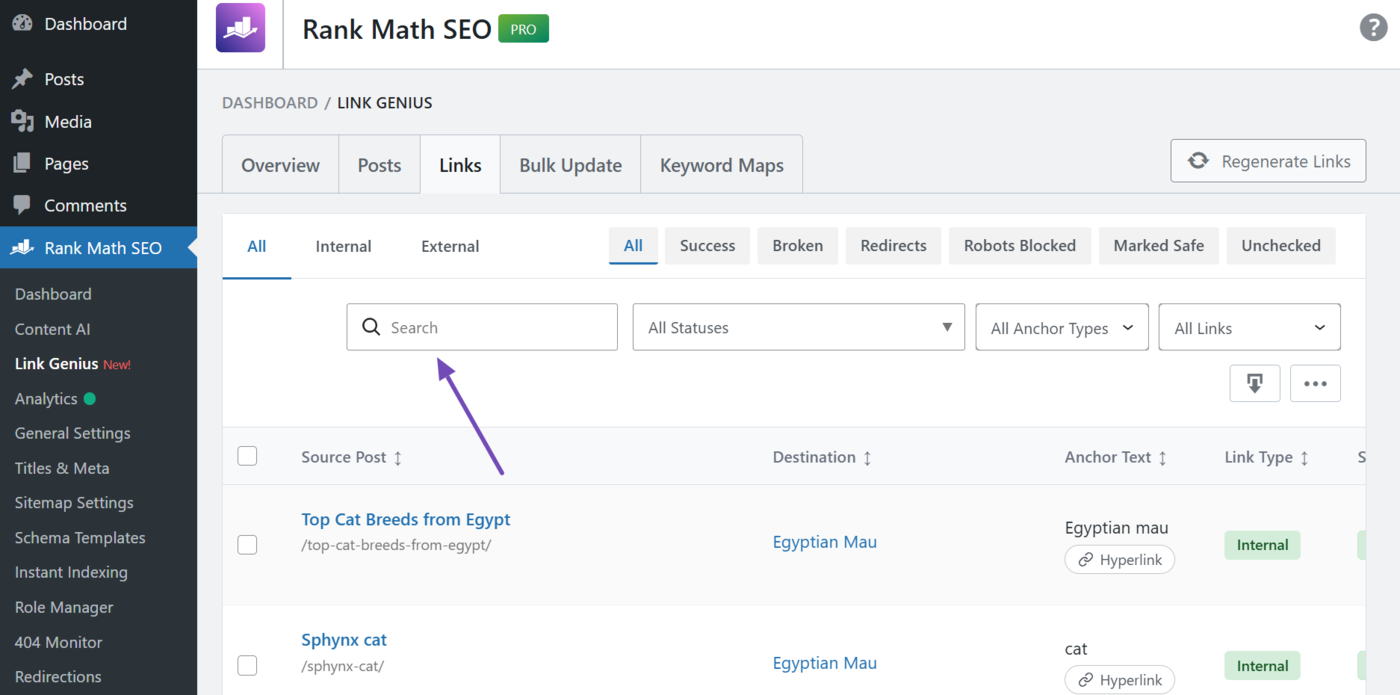 Search bar in the links tab