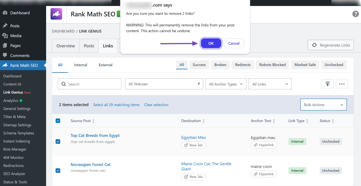 Select OK to delete the links