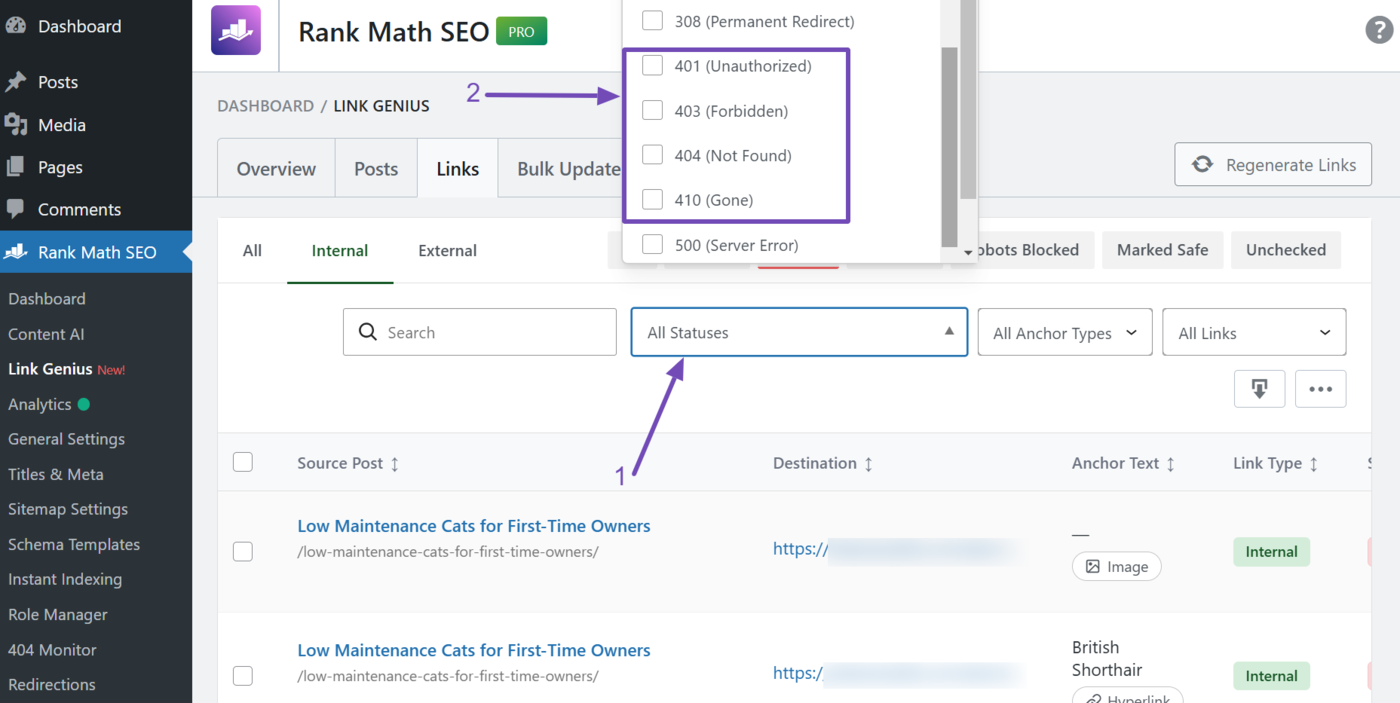 How to filter broken links by their status codes