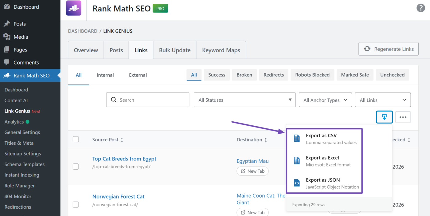 Select the broken link report export format