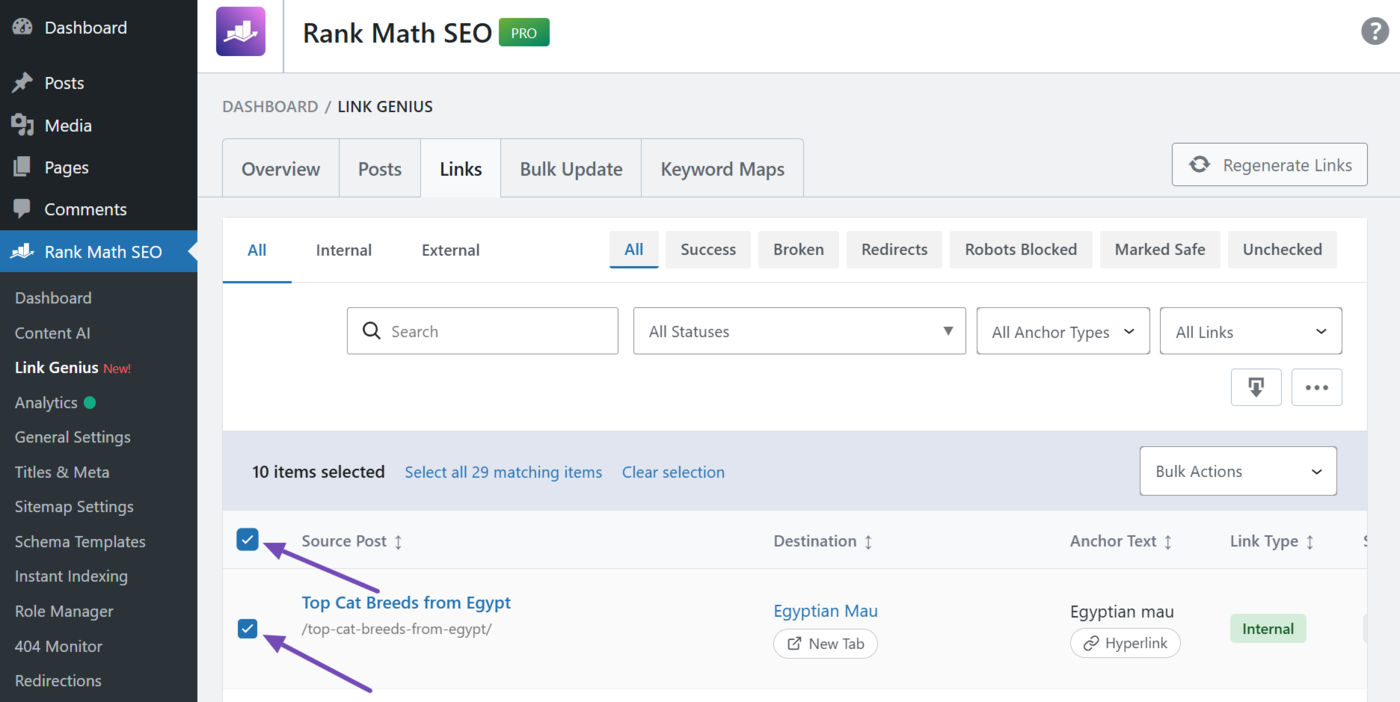 Select the checkbox to remove links in bulk