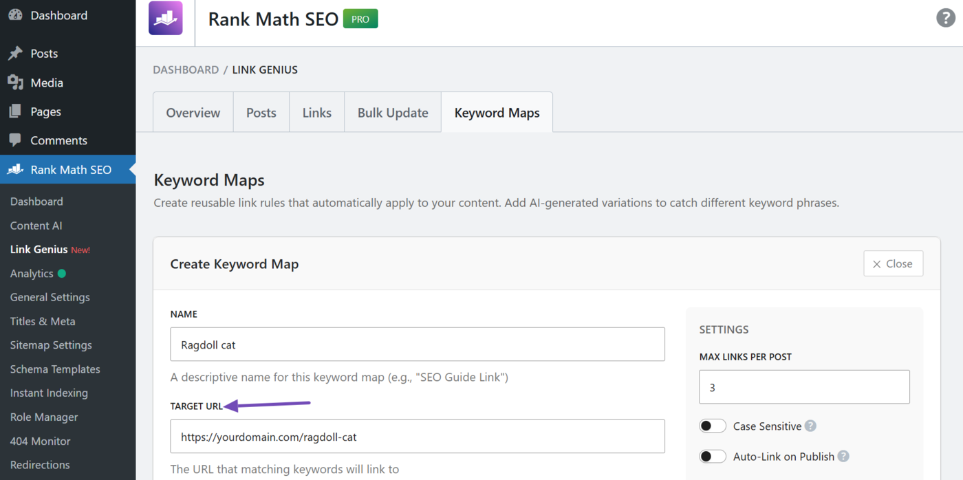 Target URL field in keyword maps