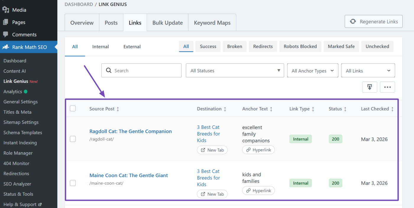 You will be presented with the details of the links