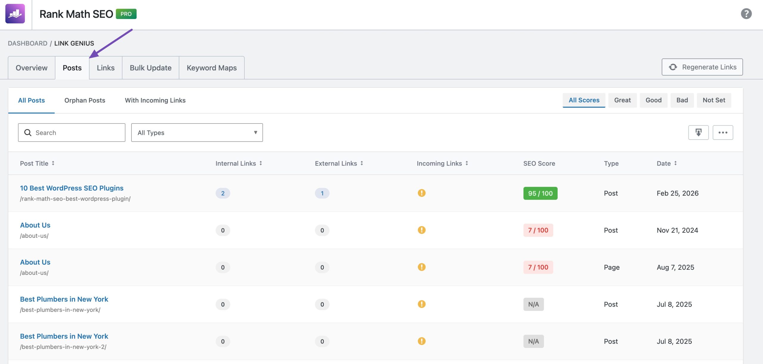 Posts tab in AI Link Genius