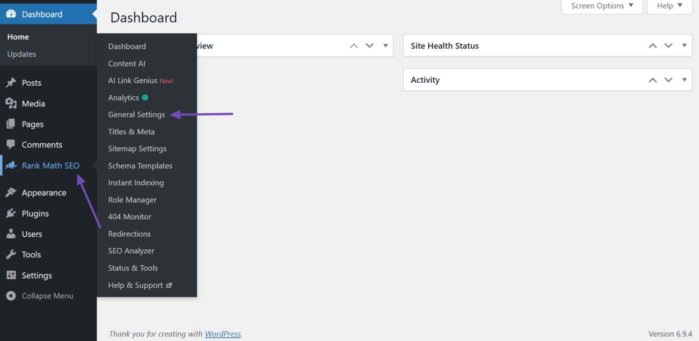 Head to Rank Math General settings from your WordPress dashboard
