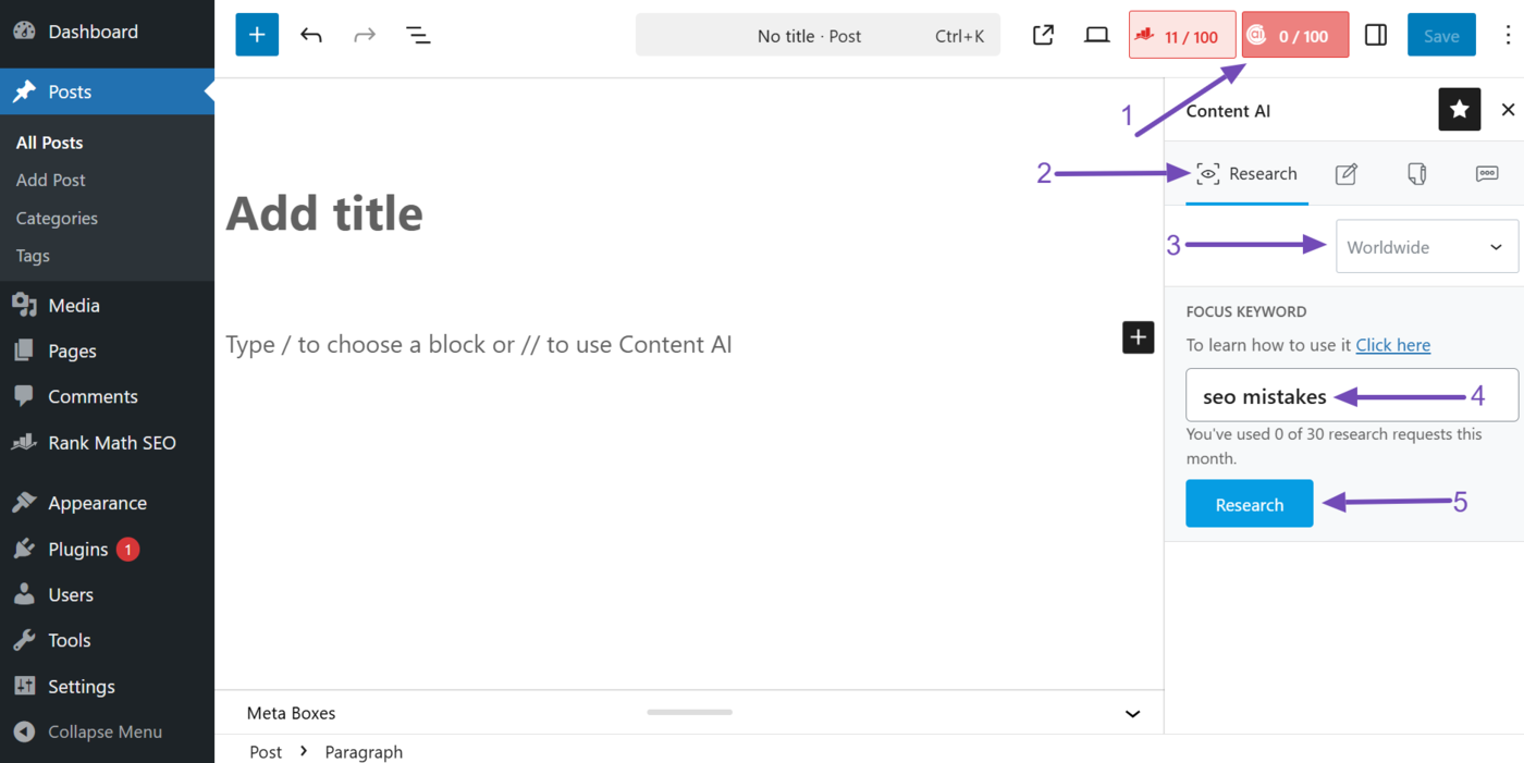 Research feature in Rank Math to create content brief