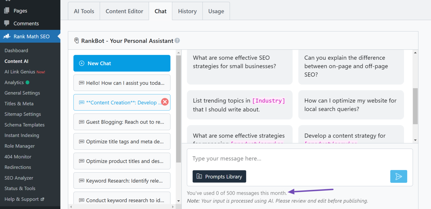 Sample of RankBot's usage balance