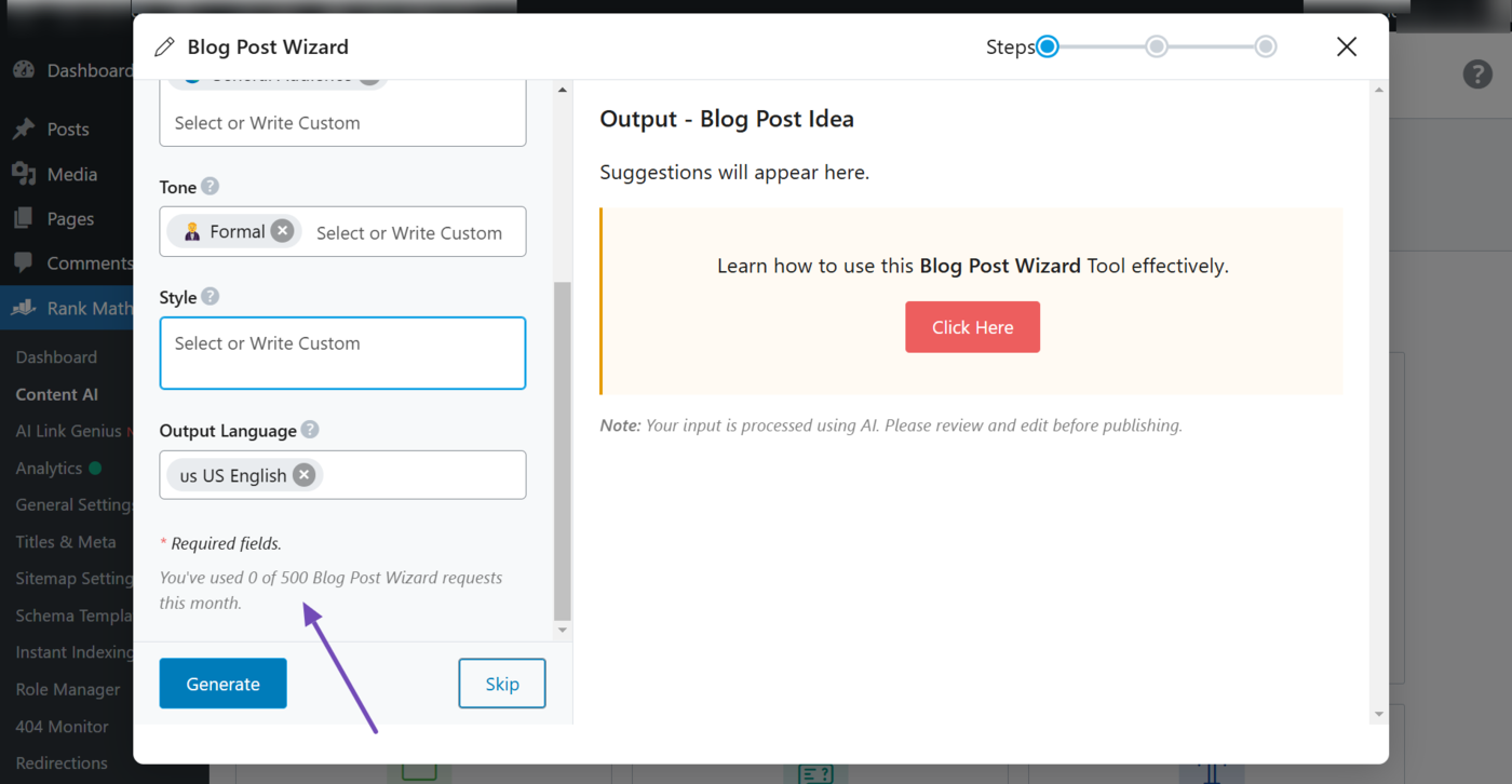 Sample of the Blog Post Wizard's AI tool balance