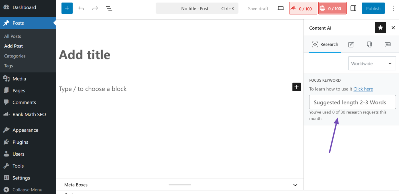 Sample of the feature usage limit and balance in the Content AI meta box