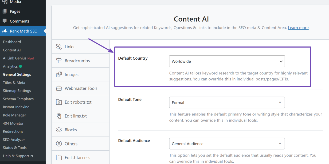Default Country in Content AI