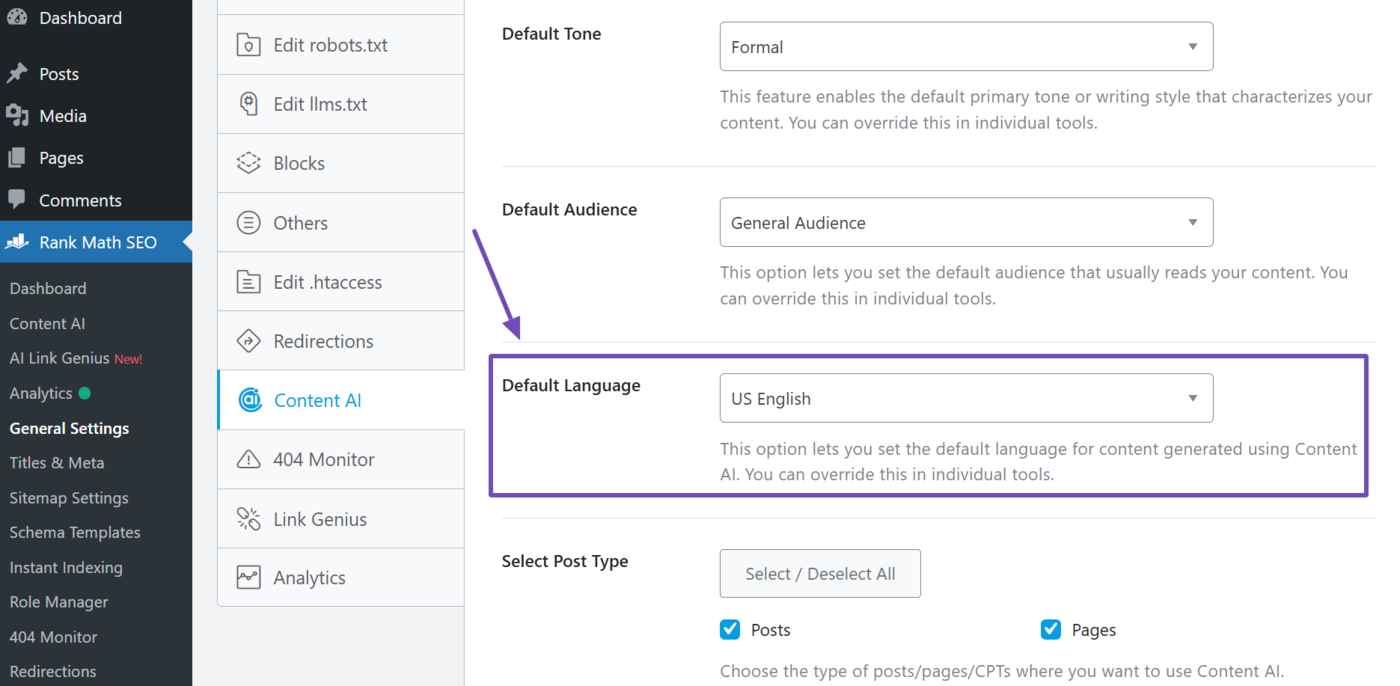 Default Language in Content AI