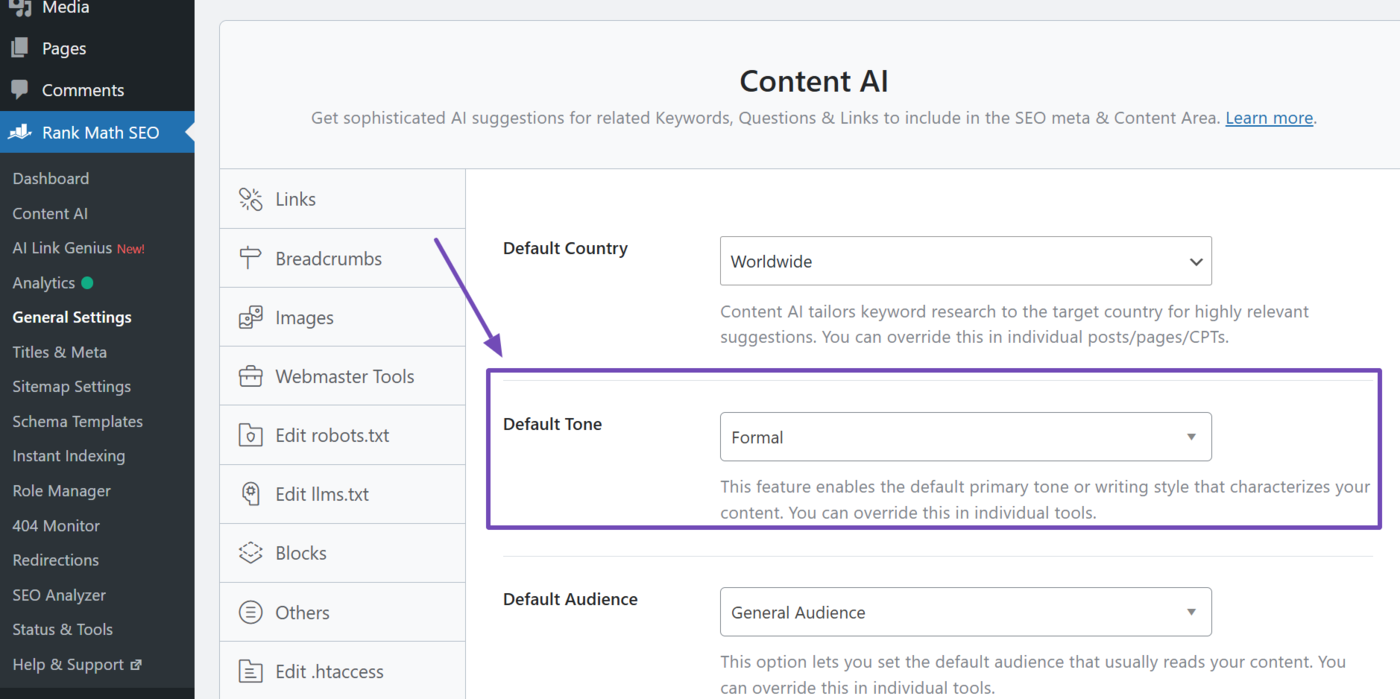 Default Tone in Content AI