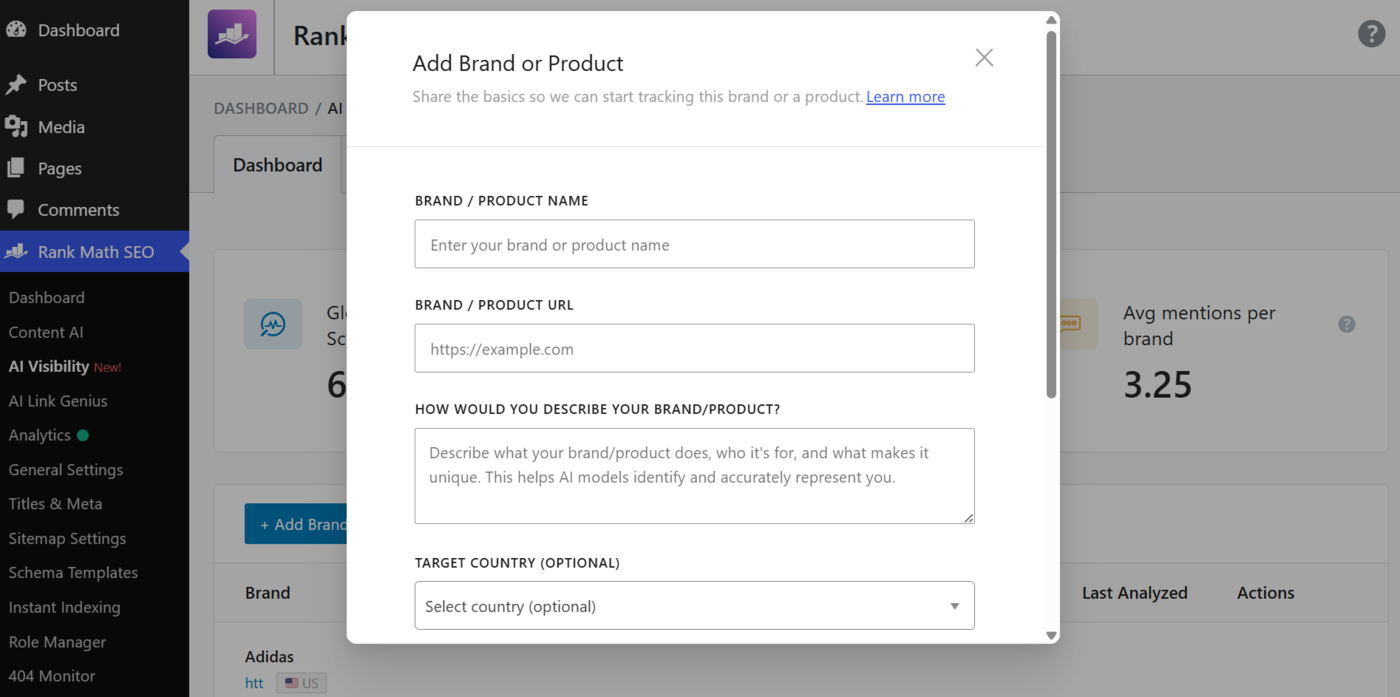Enter the brand or product to track into AI Visibility
