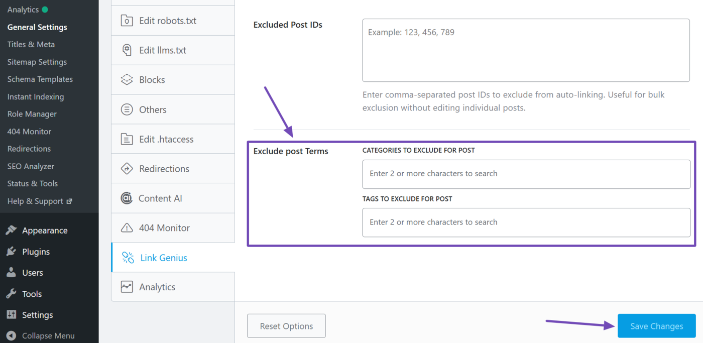 Exclude Post Terms setting in Link Genius