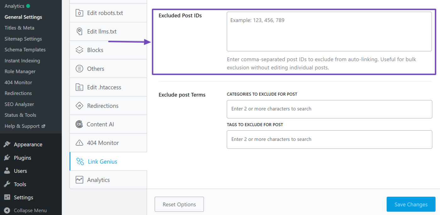 Excluded Post IDs setting in Link Genius