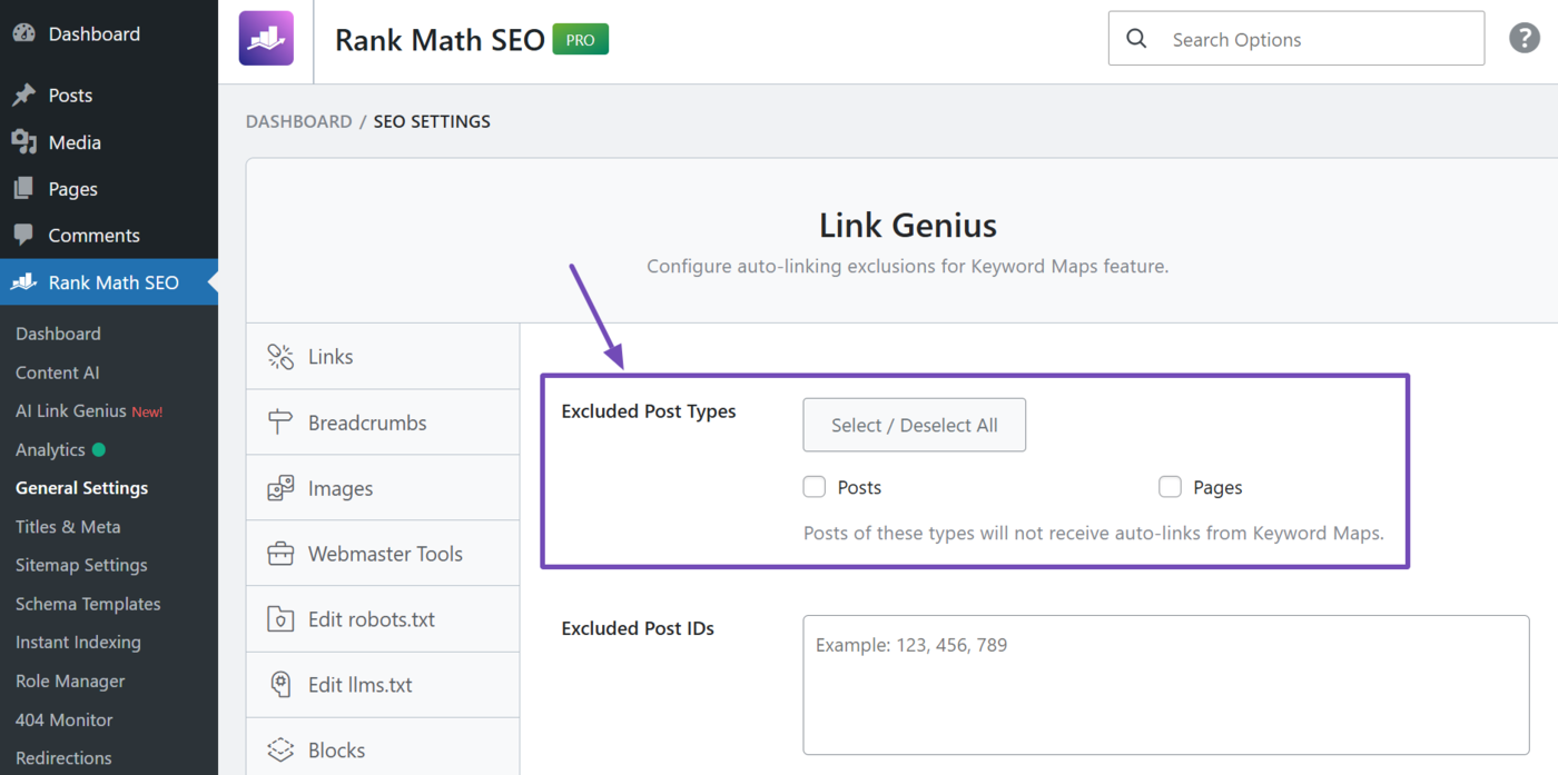 Excluded Post Type setting in Link Genius