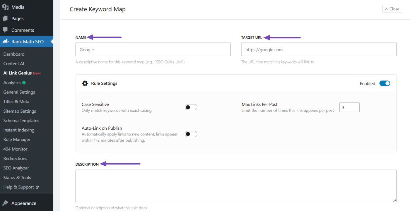 Fill in the keyword map settings
