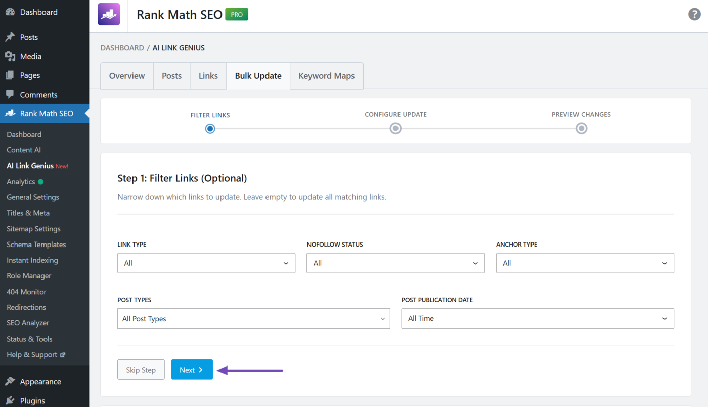 Filter links settings in the Bulk update tool