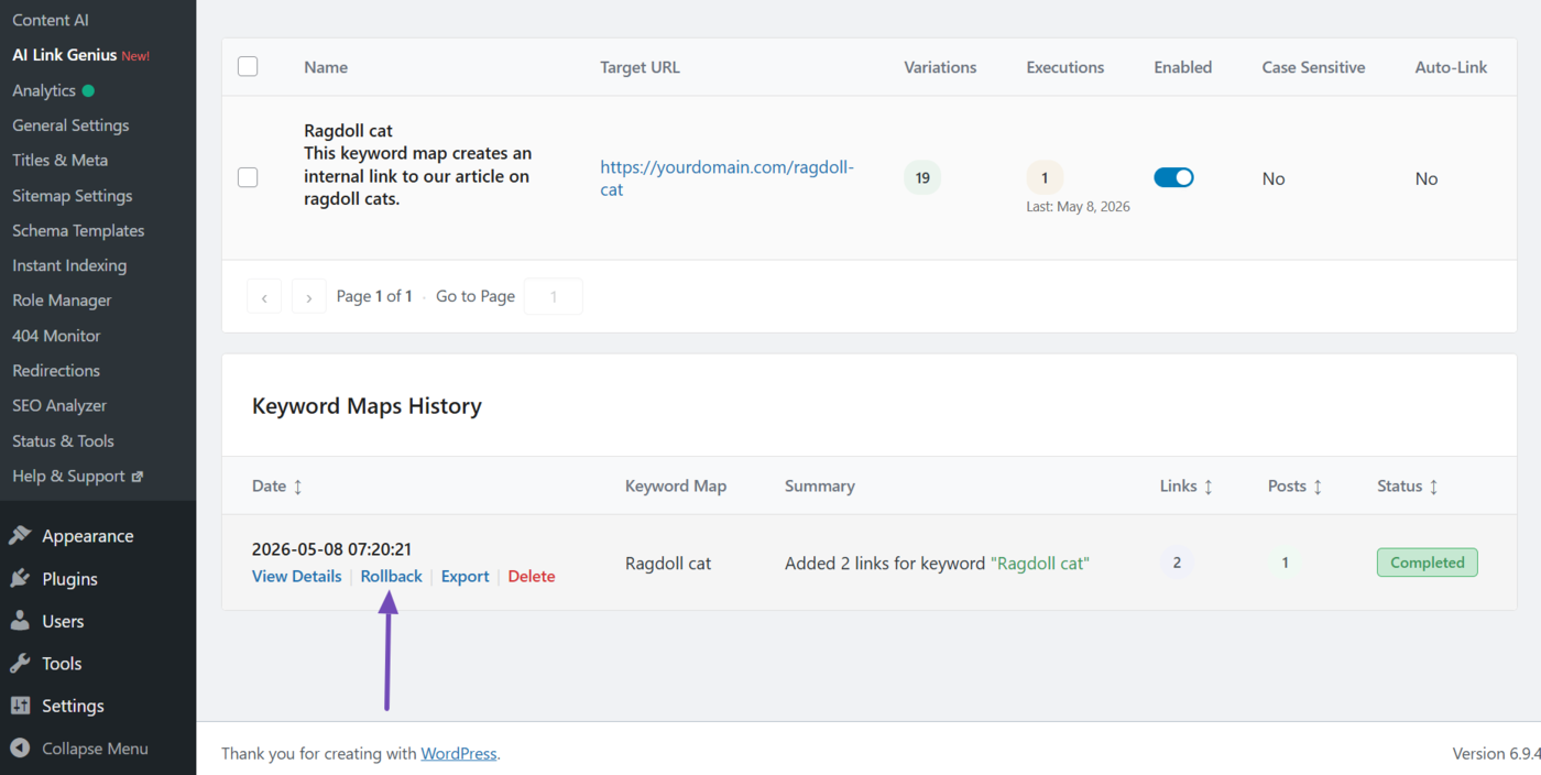 Click Rollback to undo a keyword map
