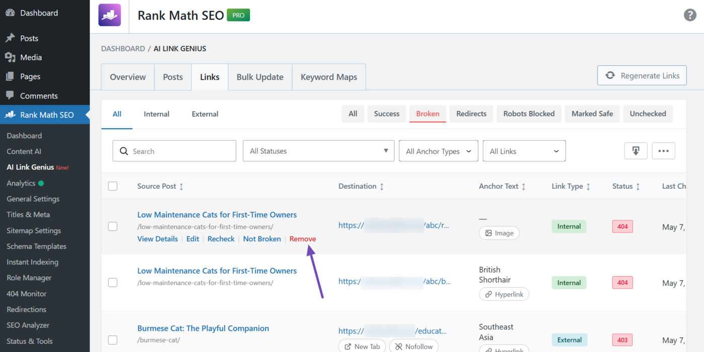 Hover over the source post and click Remove